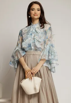 Camasa bleu cu imprimeuri florale si volanase la maneci si bust imagine