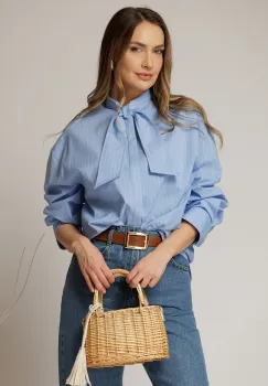 Camasa bleu din bumbac cu dungi si guler tip esarfa imagine