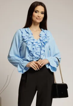 Camasa bleu din voal cu volanase la bust si decolteu adanc imagine