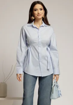 Camasa bleu lunga din poplin cu croiul larg si catarame imagine