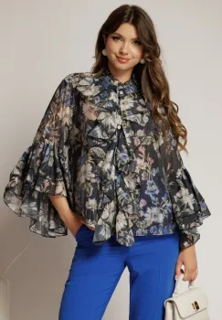 Camasa bleumarin cu imprimeuri florale si volanase la maneci si bust imagine