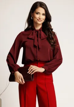 Camasa bordo lejera din triplu voal cu guler tip esarfa imagine