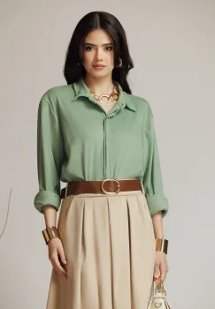 Camasa casual din stofa catifelata verde mint cu nasturi ascunsi. imagine