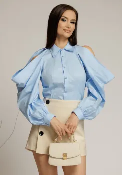 Camasa dama bleu cu maneci lungi decupate imagine