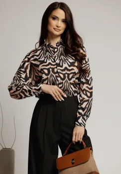 Camasa din voal ivoar cu imprimeuri negru oranj imagine