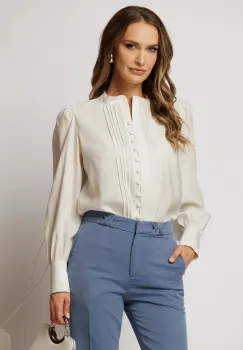 Camasa DY Fashion alba cu maneci bufante si pliuri pe bust imagine