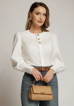 Camasa DY Fashion alba din poplin cu croi cambrat si nasturi decorativi imagine