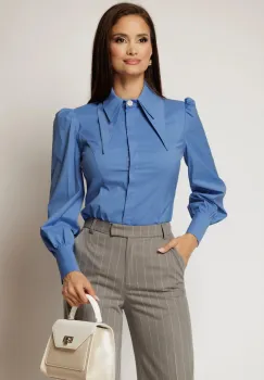 Camasa DY Fashion albastra din poplin cu guler dublu si croi cambrat imagine