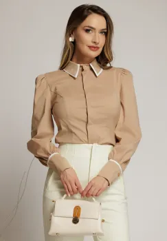 Camasa DY Fashion bej cambrata din poplin cu insertie la guler imagine