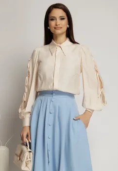 Camasa DY Fashion bej cu funde pe maneci cu adaos de rayon imagine