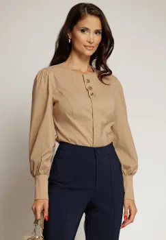 Camasa DY Fashion bej din poplin cu croi cambrat si nasturi decorativi imagine