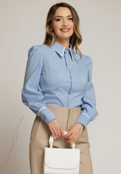 Camasa DY Fashion bleu cambrata din poplin cu insertie la guler imagine