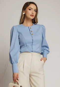 Camasa DY Fashion bleu din poplin cu croi cambrat si nasturi decorativi imagine
