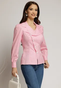 Camasa DY Fashion din poplin cu dungi roz si nasturi asimetrici imagine