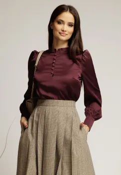 Camasa DY Fashion din satin bordo cu nasturi la bust si guler tunica imagine