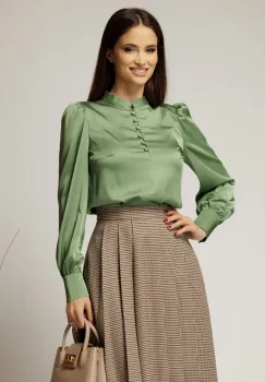 Camasa DY Fashion din satin verde fistic cu nasturi la bust si guler tunica imagine