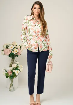 Camasa DY Fashion din viscoza alba cu imprimeu floral roz imagine