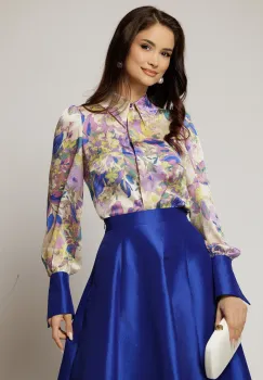 Camasa DY Fashion din voal cu imprimeuri mov si mansete in contrast imagine