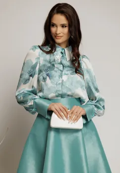 Camasa DY Fashion din voal cu imprimeuri turcoaz si mansete in contrast imagine