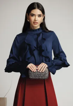 Camasa DY Fashion eleganta din satin bleumarin cu volane imagine