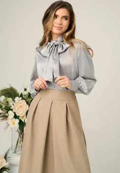 Camasa DY Fashion eleganta din satin gri cu guler tip esarfa imagine