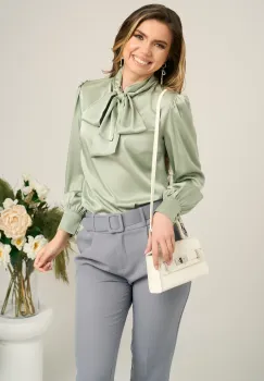 Camasa DY Fashion eleganta din satin verde mint cu guler tip esarfa imagine