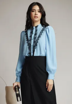 Camasa DY Fashion eleganta din voal bleu cu dantela neagra imagine
