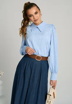 Camasa DY Fashion eleganta din voal bleu cu imprimeu alb imagine
