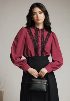 Camasa DY Fashion eleganta din voal magenta cu dantela neagra imagine