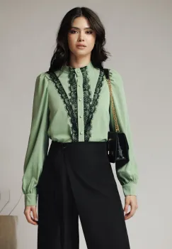 Camasa DY Fashion eleganta din voal verde cu dantela neagra imagine
