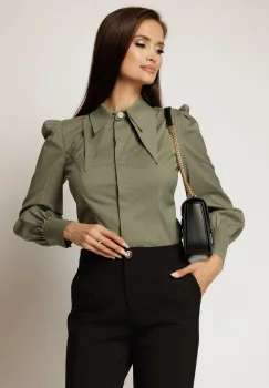 Camasa DY Fashion kaki din poplin cu guler dublu si croi cambrat imagine