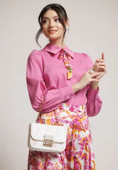 Camasa DY Fashion office din poplin roz cu fundita din voal cu imprimeu imagine