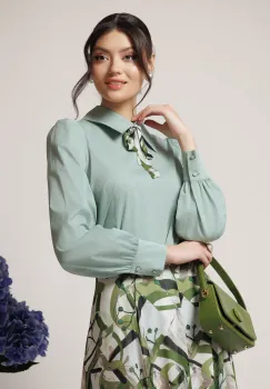 Camasa DY Fashion office din poplin verde cu fundita din voal cu imprimeu imagine