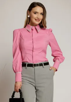 Camasa DY Fashion roz cambrata din poplin cu insertie la guler imagine