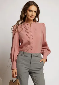 Camasa DY Fashion roz cu maneci bufante si pliuri pe bust imagine