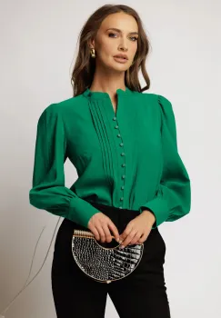 Camasa DY Fashion verde cu maneci bufante si pliuri pe bust imagine