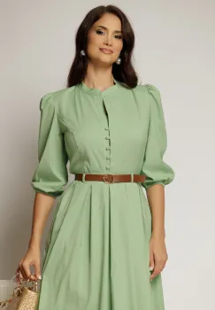 Camasa DY Fashion verde fistic din poplin cu maneci bufante si inchidere cu nasturi imagine