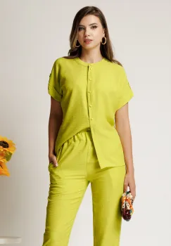 Camasa DY Fashion verde lime din material vaporos cu croi drept si nasturi imagine