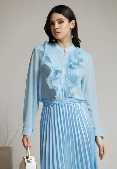 Camasa eleganta din voal bleu cu volan pe bust imagine