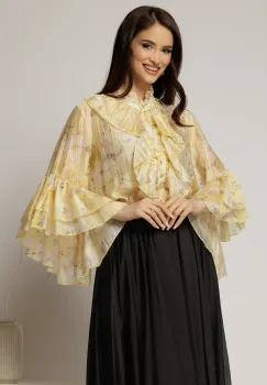 Camasa galbena cu imprimeuri florale si volanase la maneci si bust imagine