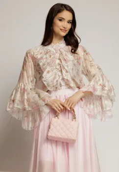 Camasa ivoar cu imprimeuri florale si volanase la maneci si bust imagine