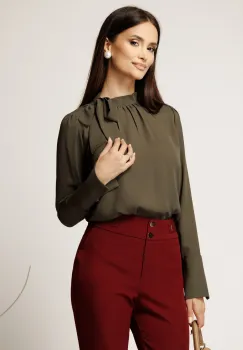 Camasa kaki din voal lejera cu funda la guler imagine