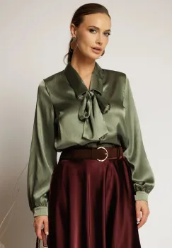 Camasa kaki din voal satinat cu guler si esarfa imagine