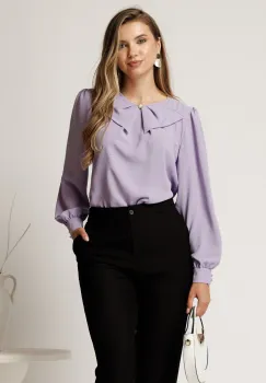 Camasa lila din voal cu guler tip funda si perla imagine