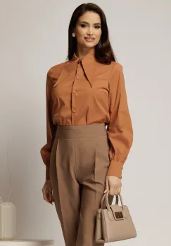 Camasa maro din poplin cu croi cambrat si guler ascutit imagine