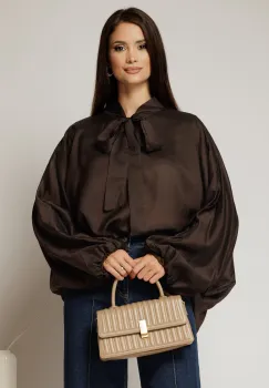 Camasa maro intens din tencel cu maneca ampla si guler tip esarfa imagine