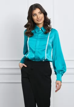 Camasa MBG turcoaz din satin cu broderie si nasture perlat imagine