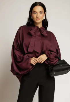 Camasa mov din tencel cu maneca ampla si guler tip esarfa imagine