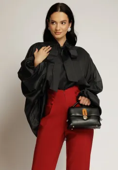Camasa neagra din tencel cu maneca ampla si guler tip esarfa imagine