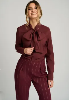 Camasa office din bumbac burgundy cu funda la decolteu imagine
